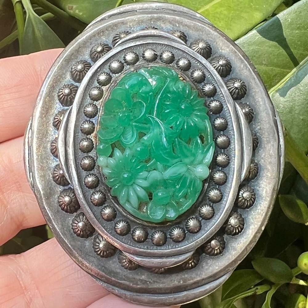 VINTAGE CHINESE EXPORT STERLING CARVED PEKING GLASS STATEMENT PENDANT PIN BROOCH - Picture 1 of 16